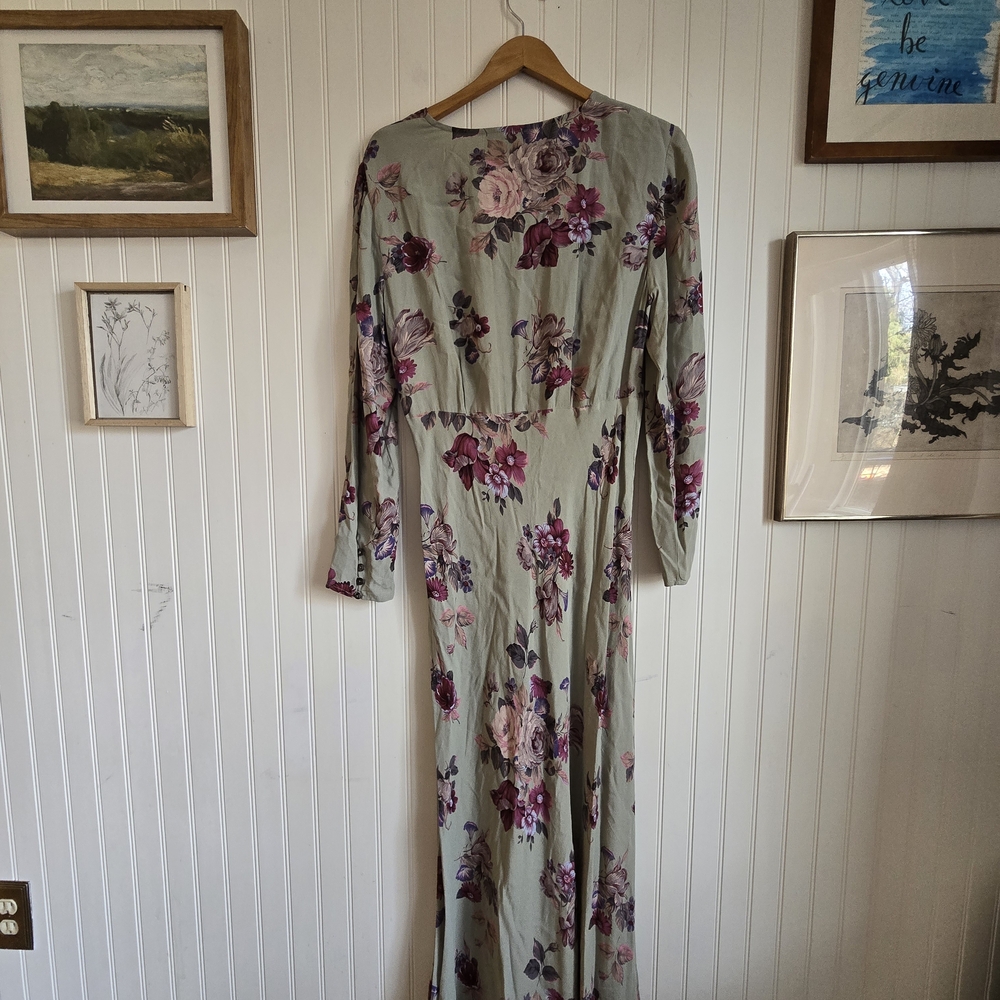 Carole Little Vintage 90's Sage Green Floral V-Neck A-line Maxi Dress - Picture 7 of 11